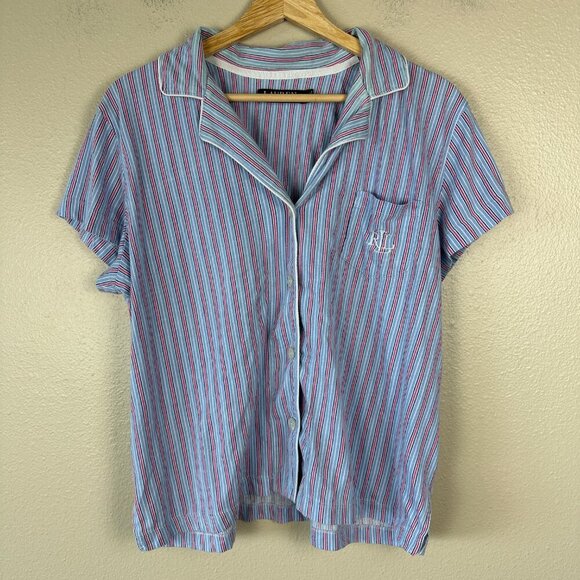 Ralph Lauren Women's Pajama Set Stripes Cotton Black Label Blue Red Large - Picture 4 of 8